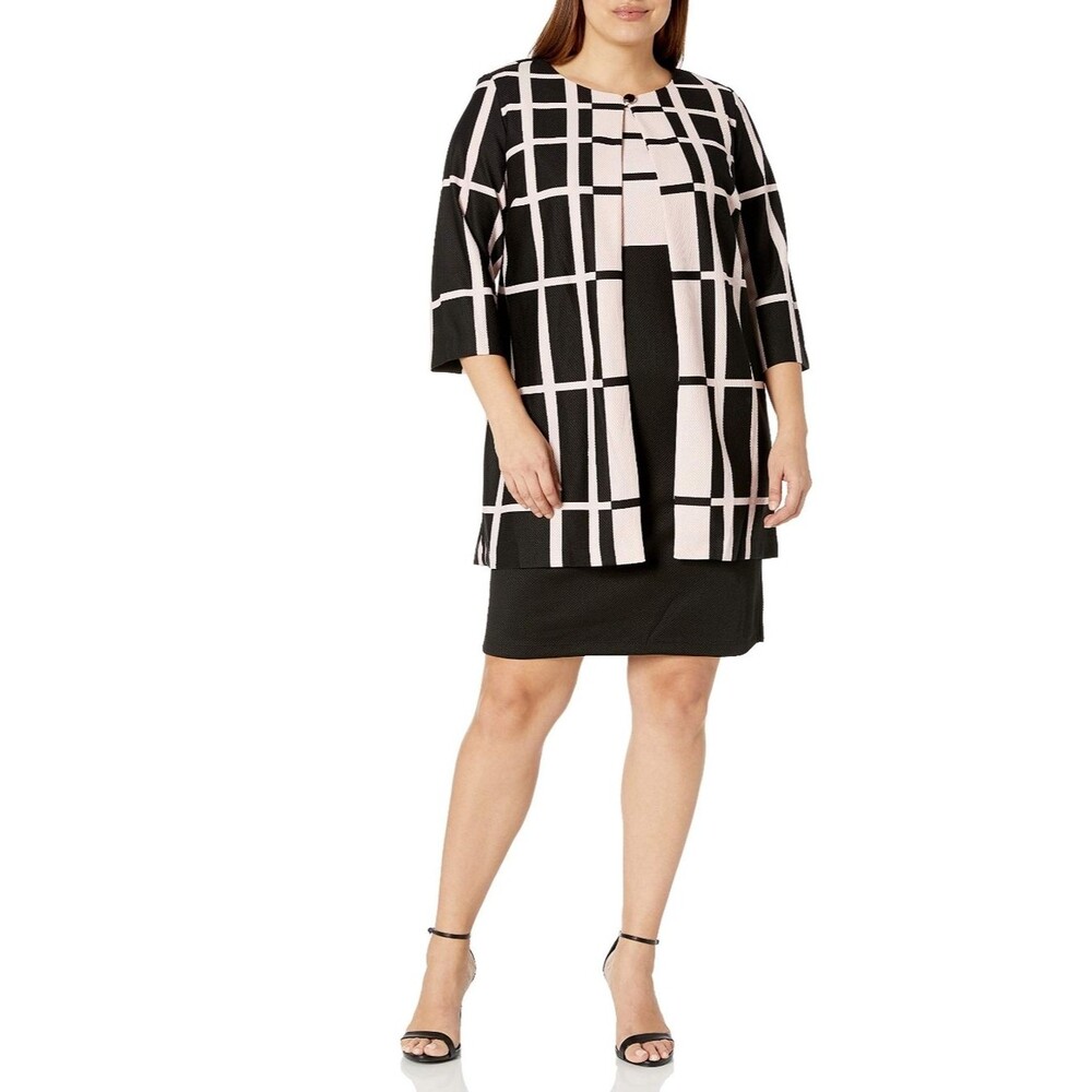 Danny & Nicole Blush Pink Black Plaid 2 Piece Dress Jacket Set Size 22W